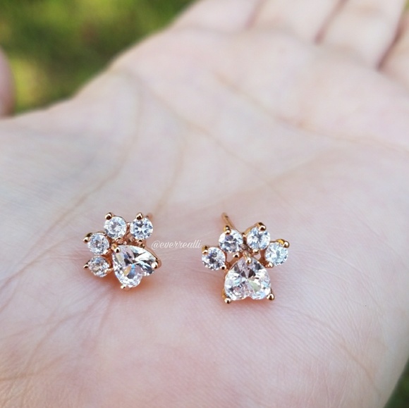 Gold Diamond Heart Paw Print earrings ear ring - Picture 6 of 7